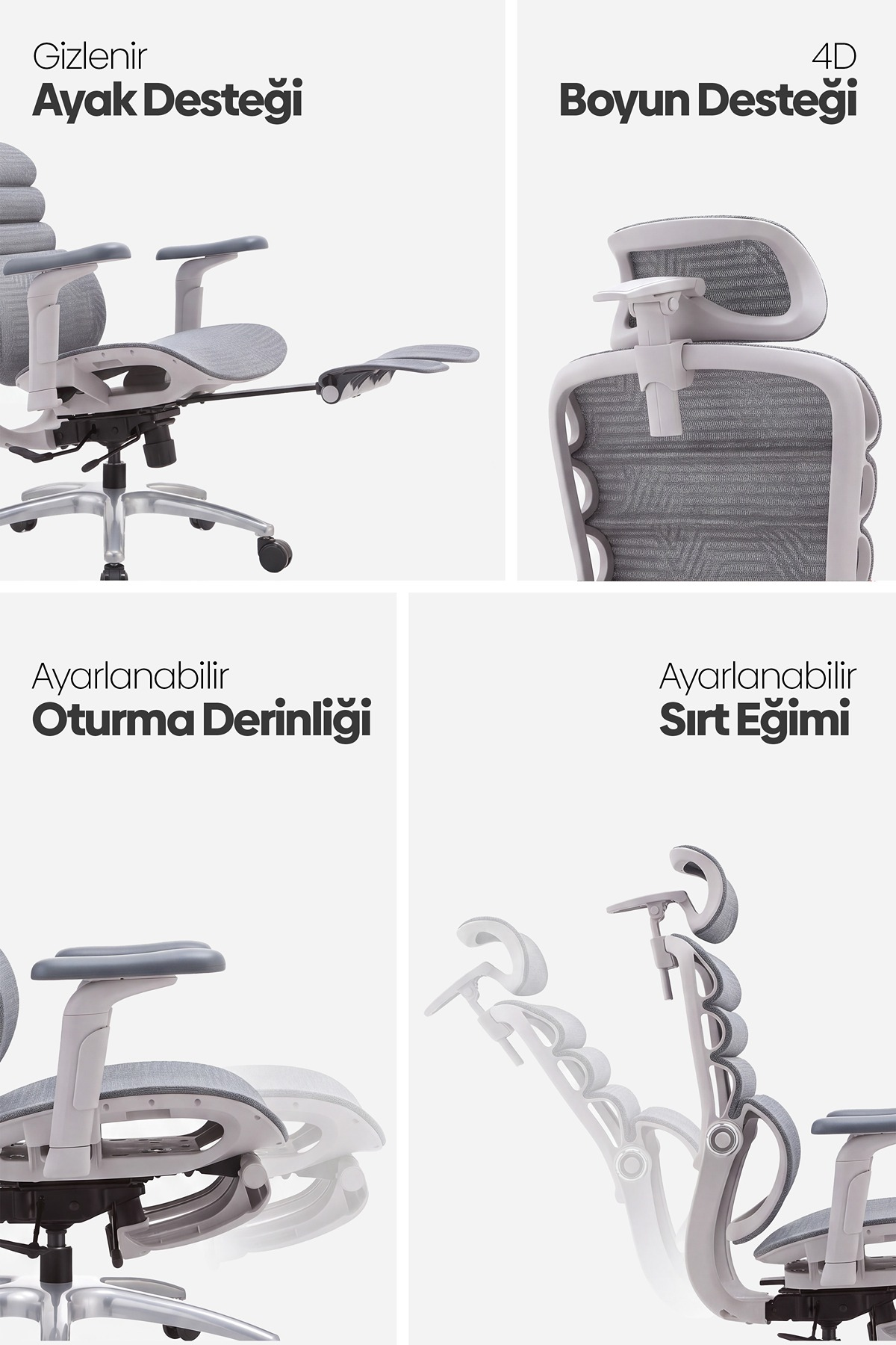 Dört görsel ergonomik ofis sandalyesinin özelliklerini gösteriyor: ayak desteği, boyun desteği, oturma derinliği ve sırt eğimi.