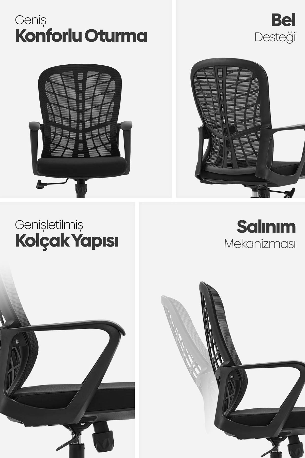 File sırtlı, kolçaklı ve salınım mekanizmalı siyah ergonomik ofis sandalyesinin dört farklı açısı.