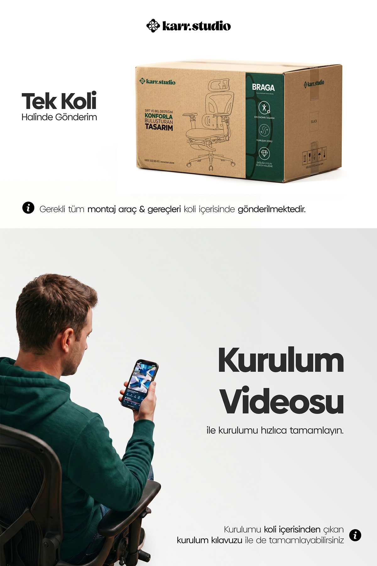 Üstte sandalye grafikli karton kutu; altta bir adam telefon tutarak kurulum videosu izliyor.