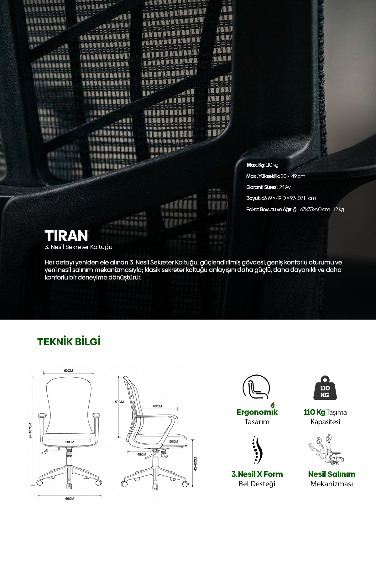 Teknik özellikleri, ölçüleri ve ergonomik detaylarıyla Tiran sekreter koltuğu ürün tanıtımı.
