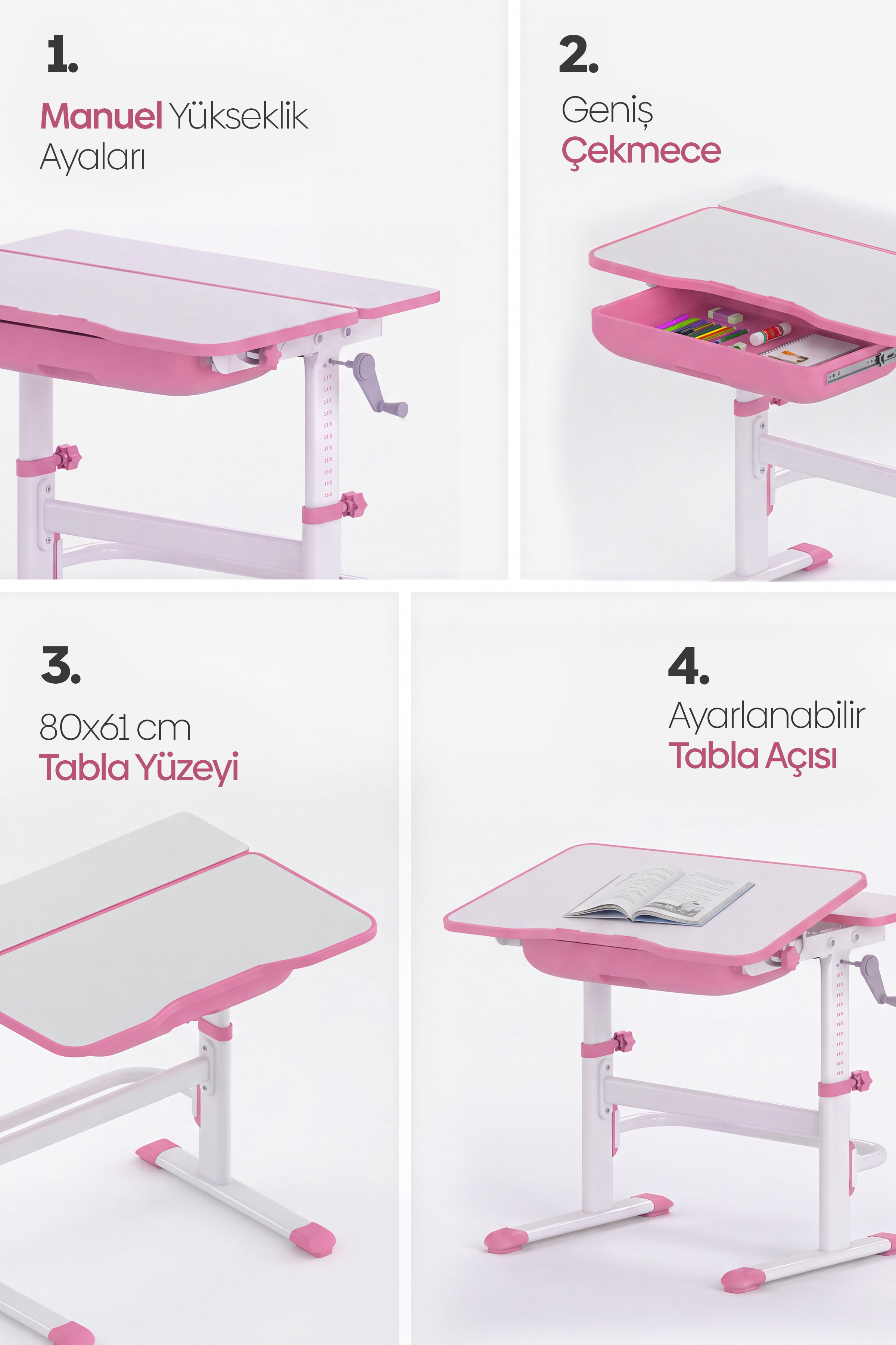 Dört panelde pembe-beyaz çocuk çalışma masasının manuel yükseklik ayarı, geniş çekmecesi, tabla yüzeyi ve açısı gösterilir.