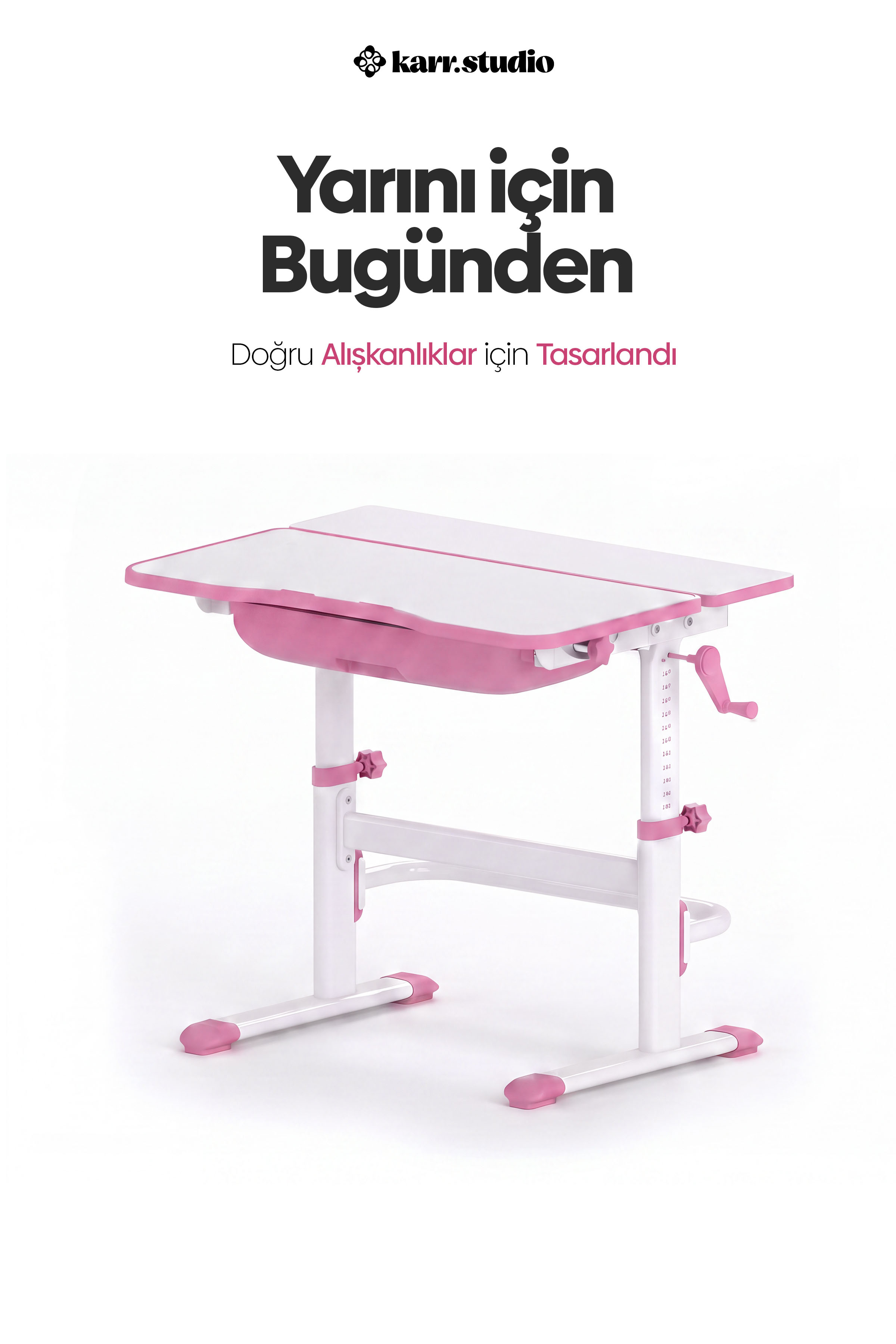 Beyaz arka planda Türkçe metin içeren beyaz ve pembe ayarlanabilir çocuk masası.