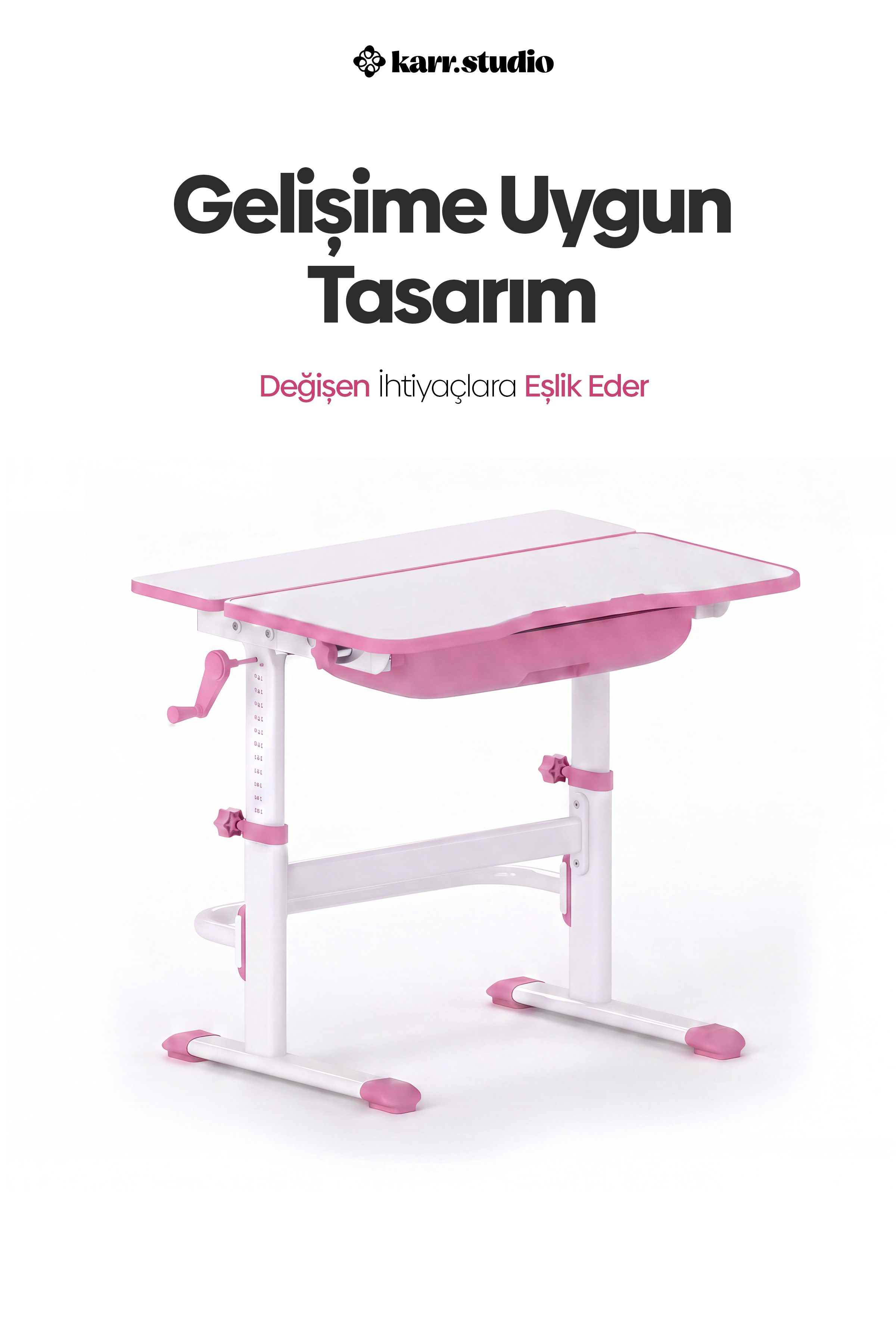 Beyaz arka planda pembe ve beyaz ayarlanabilir çocuk masası, üzerinde Türkçe tanıtım yazısı.