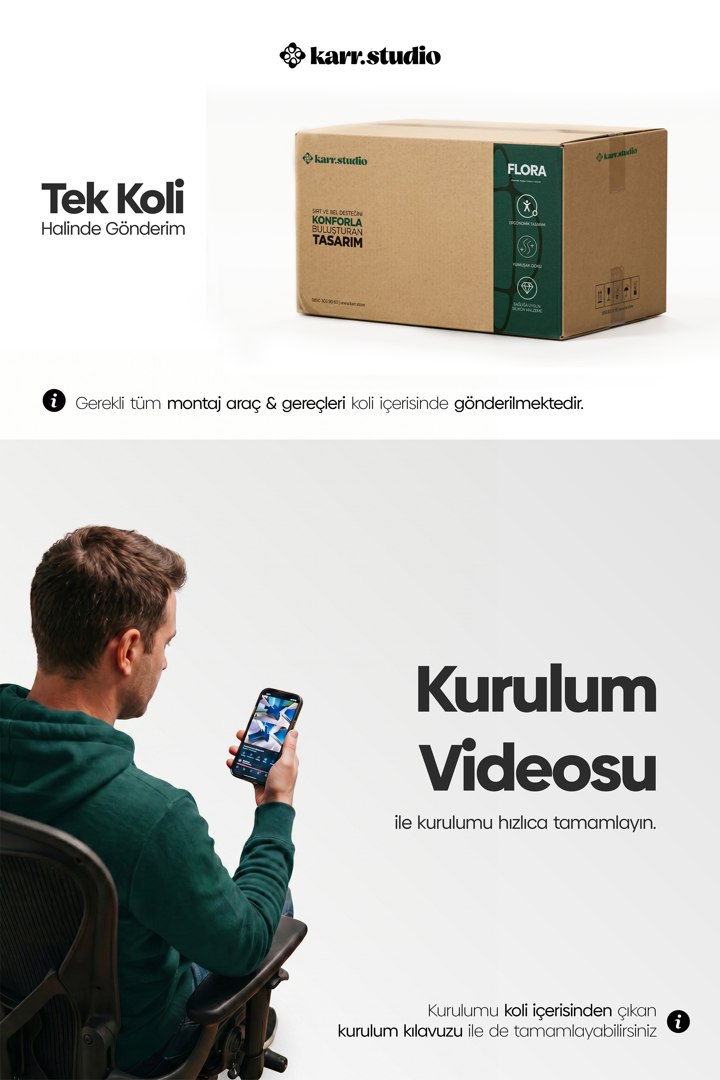 Üzerinde yazılar olan bir kargo kutusu ve sandalyede oturup akıllı telefonuna bakan yeşil kapüşonlu bir adam.