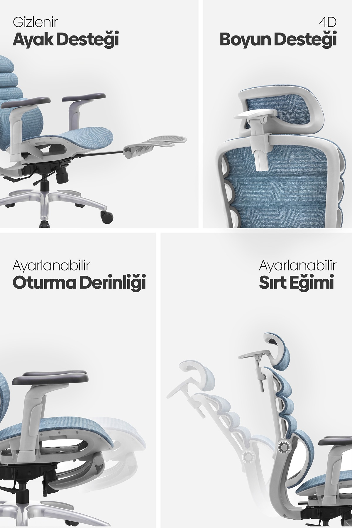 Ergonomik sandalye özelliklerini gösteren dört panel: ayak desteği, 4D başlık, oturma derinliği ve sırt eğimi.