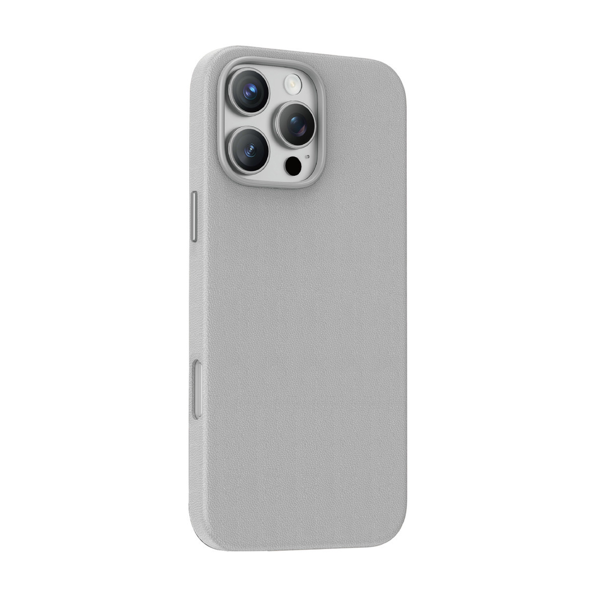 Dokulu koruyucu kılıf içindeki gri iPhone, üçlü kamera kurulumunu gösteren arka görünüm.