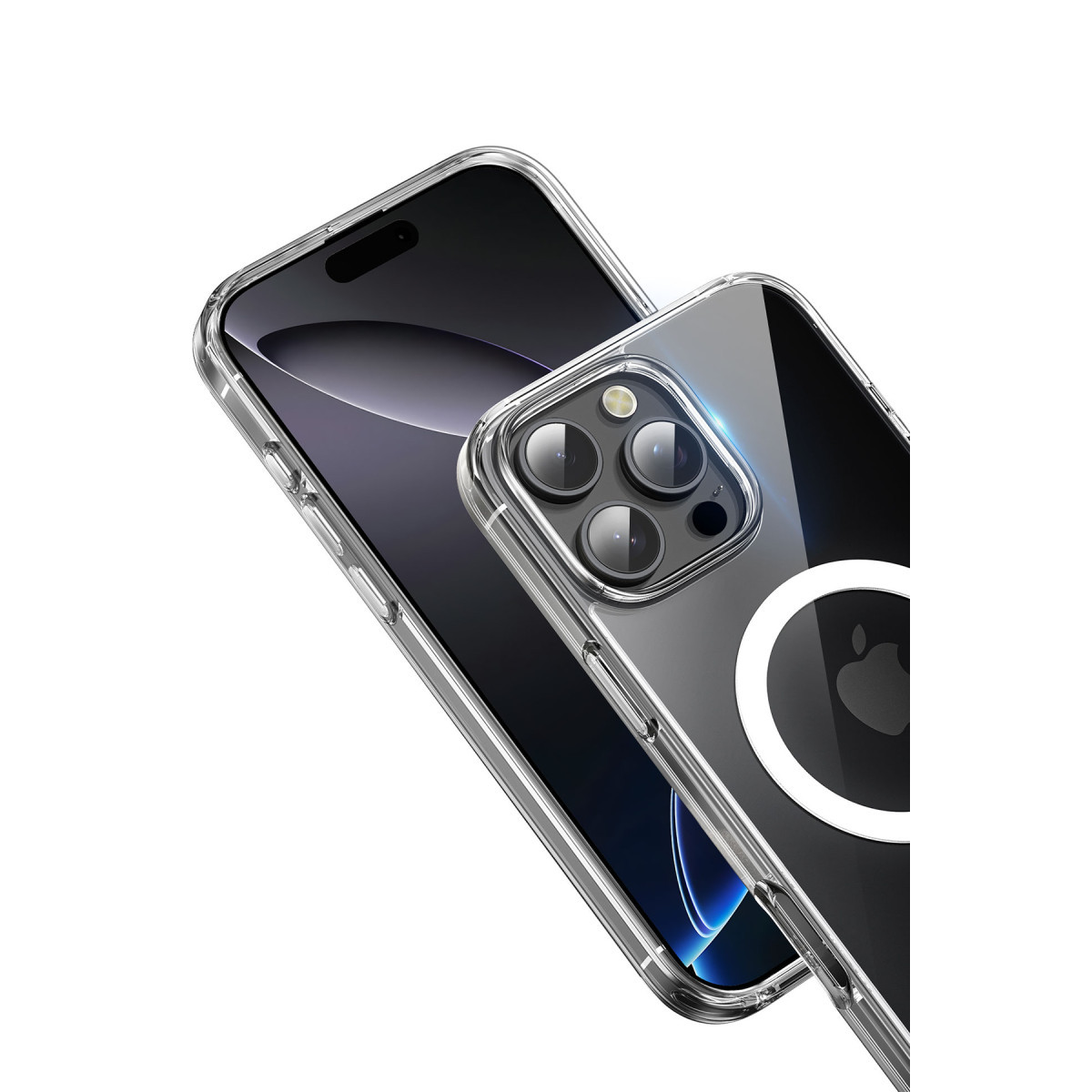 MagSafe halkalı şeffaf kılıf içindeki siyah akıllı telefon, üçlü kamerasını ve ekranını gösteriyor.