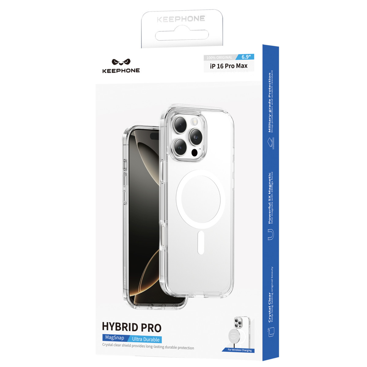 iPhone 16 Pro Max için MagSafe'li şeffaf Keephone Hybrid Pro kılıfın ambalajı.