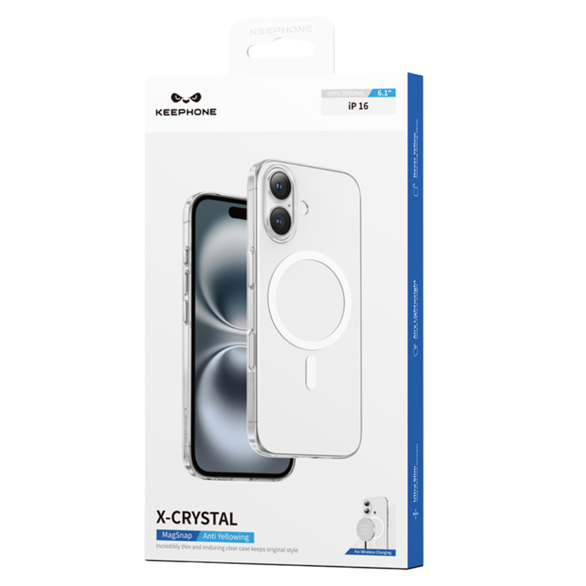 iPhone 16 için Keephone X-Crystal kılıf ambalajı, MagSafe halkası görünmektedir.