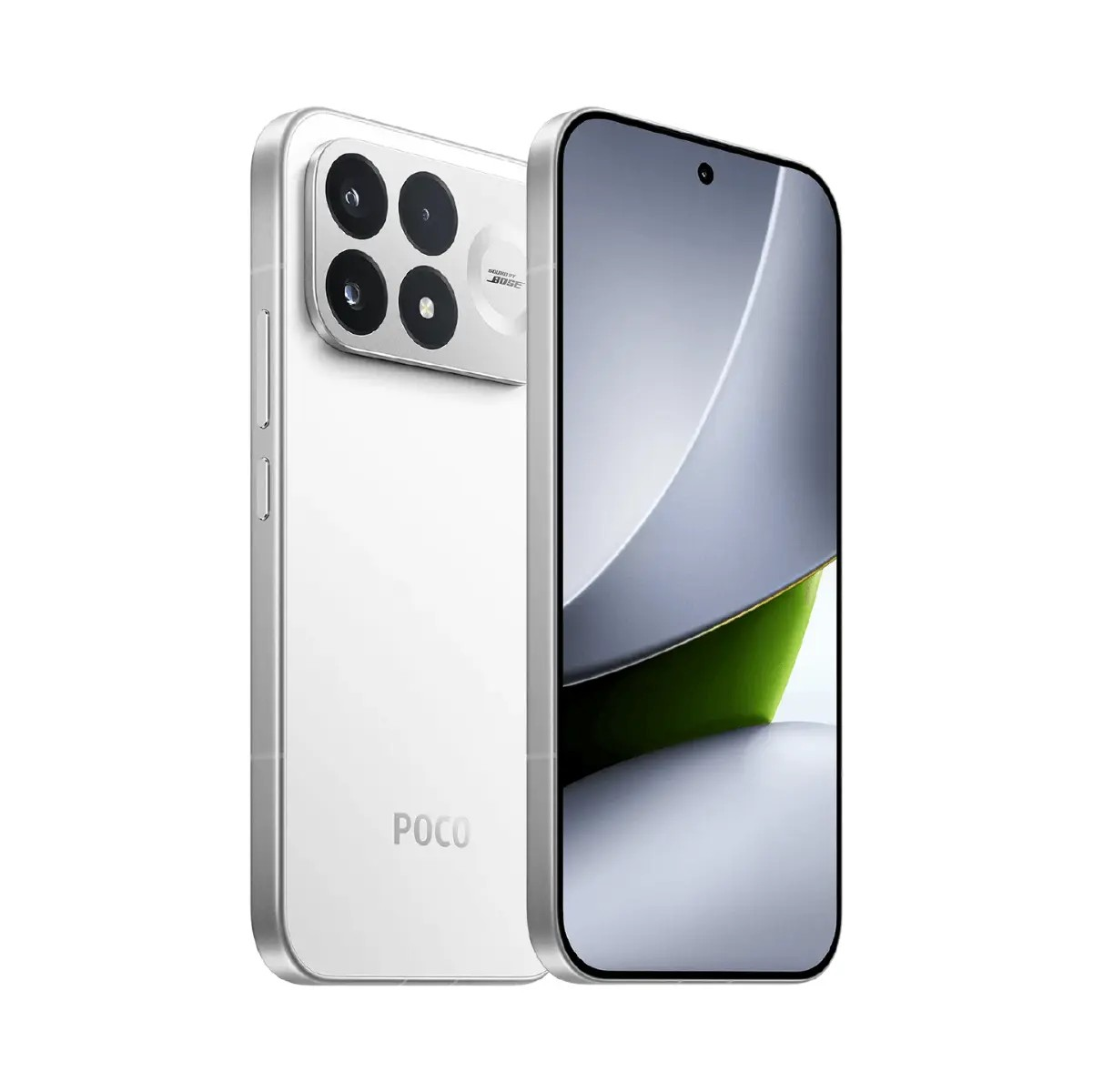 Uno smartphone Poco argentato mostra fronte e retro con quattro fotocamere.