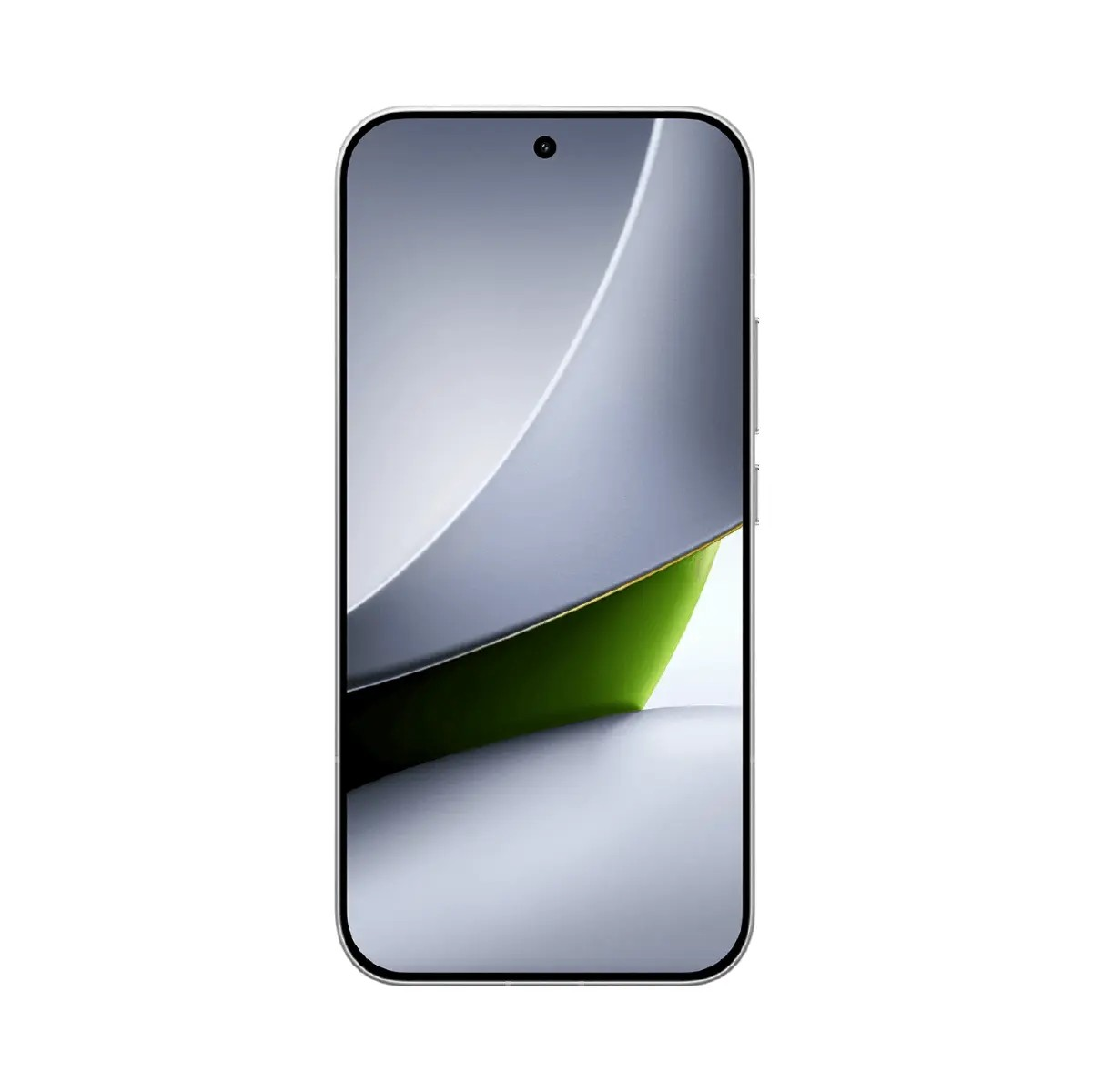 Uno smartphone con cornice argentata e schermo con un design astratto e curvo in grigio e verde.