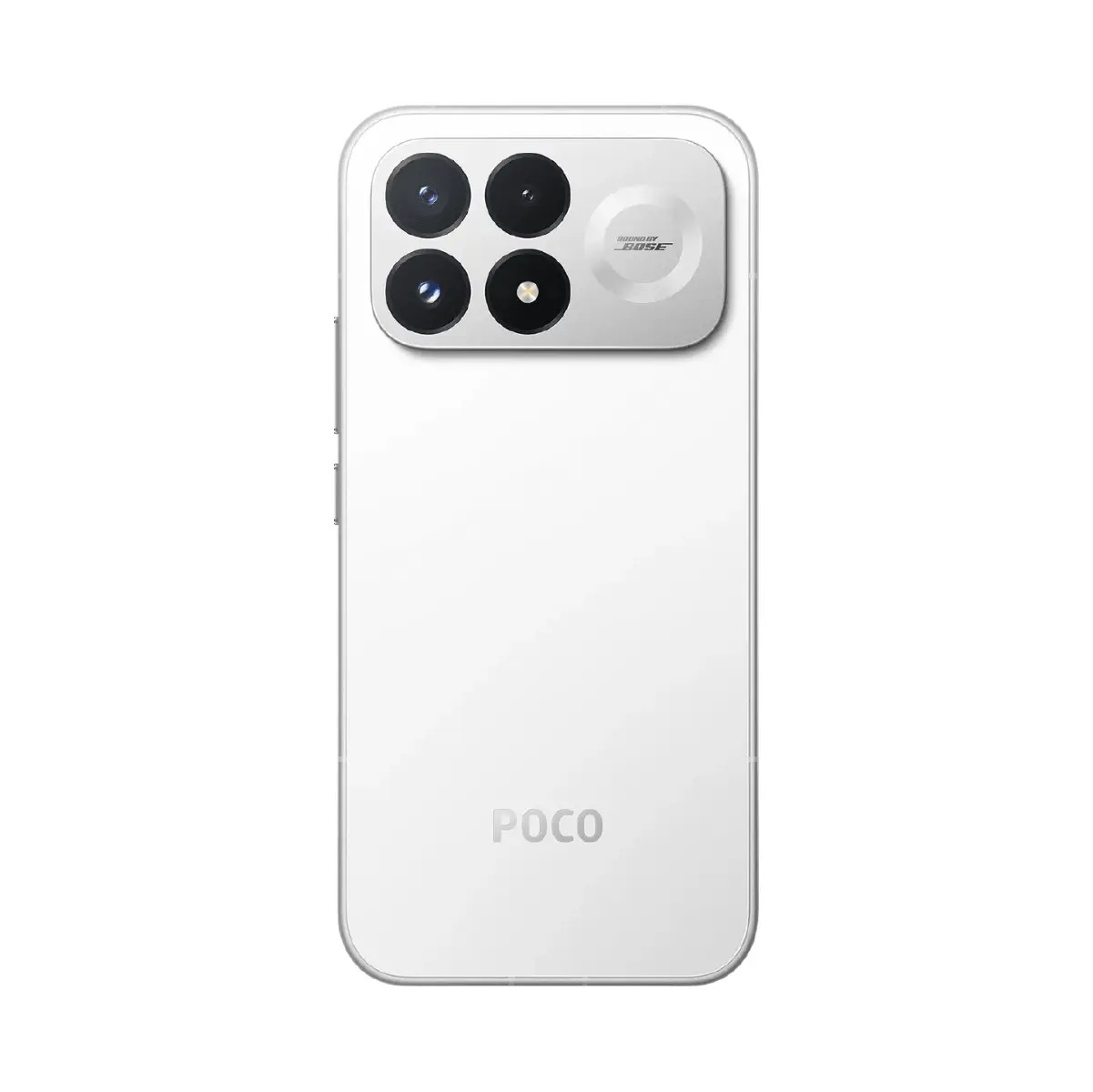 Retro bianco di uno smartphone POCO con quattro fotocamere e logo Bose.