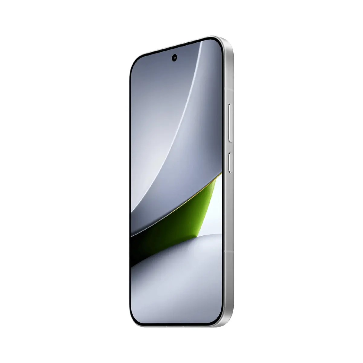 Smartphone argento con display bianco e verde e pulsanti fisici laterali.