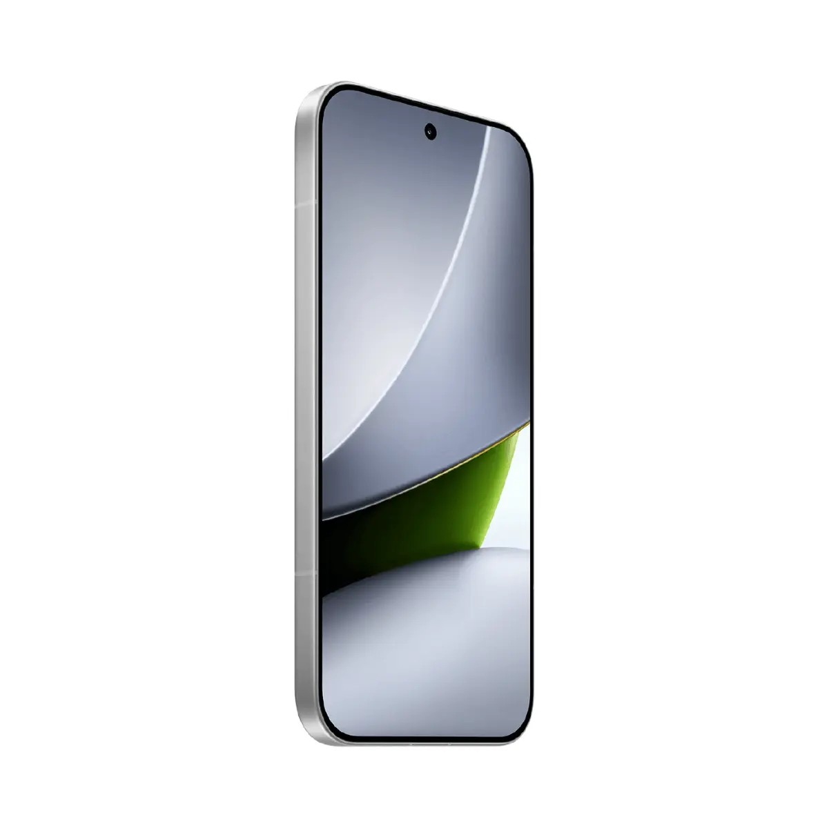 Uno smartphone bianco con schermo luminoso che mostra forme astratte argentate e verdi su sfondo bianco.
