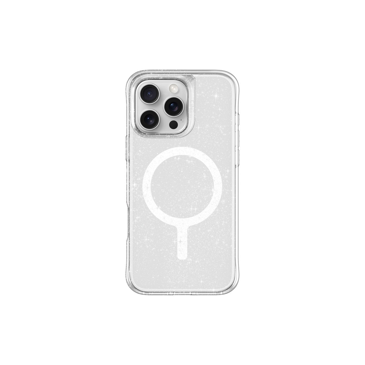 Arkası beyaz MagSafe halkalı, şeffaf ve simli akıllı telefon kılıfı, sade beyaz arka plan üzerinde.