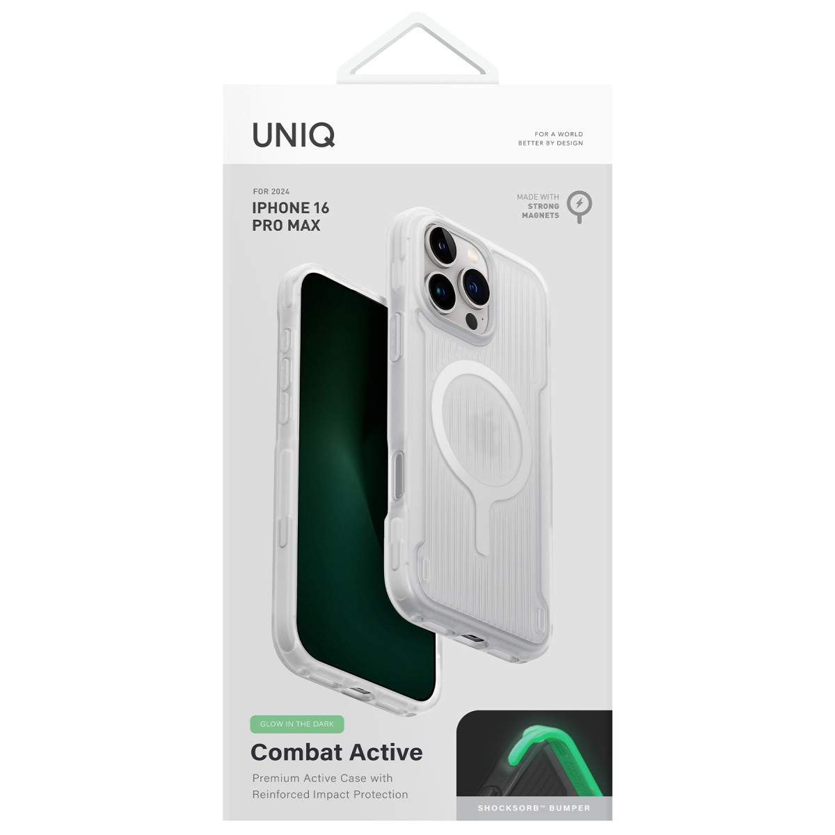 Güçlü mıknatıslı ve tamponlu Uniq Combat Active iPhone 16 Pro Max kılıf ambalajı.