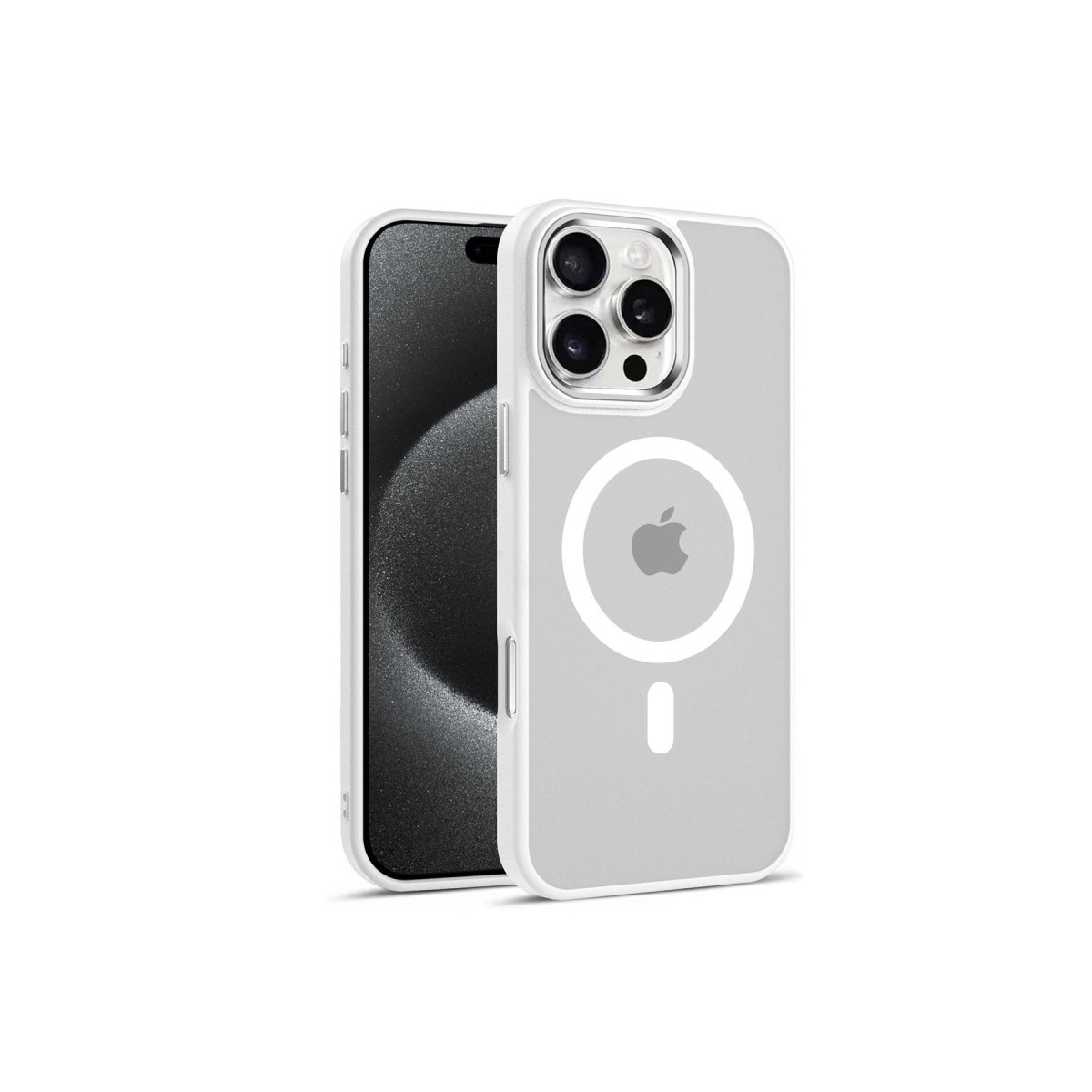 Beyaz arka planda beyaz MagSafe koruyucu kılıflı bir iPhone.