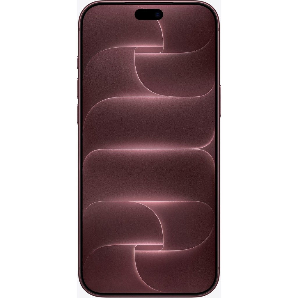 Çerçevesiz ekranlı ve arka planda pembe tonlarında soyut dalga desenli koyu renkli akıllı telefon.