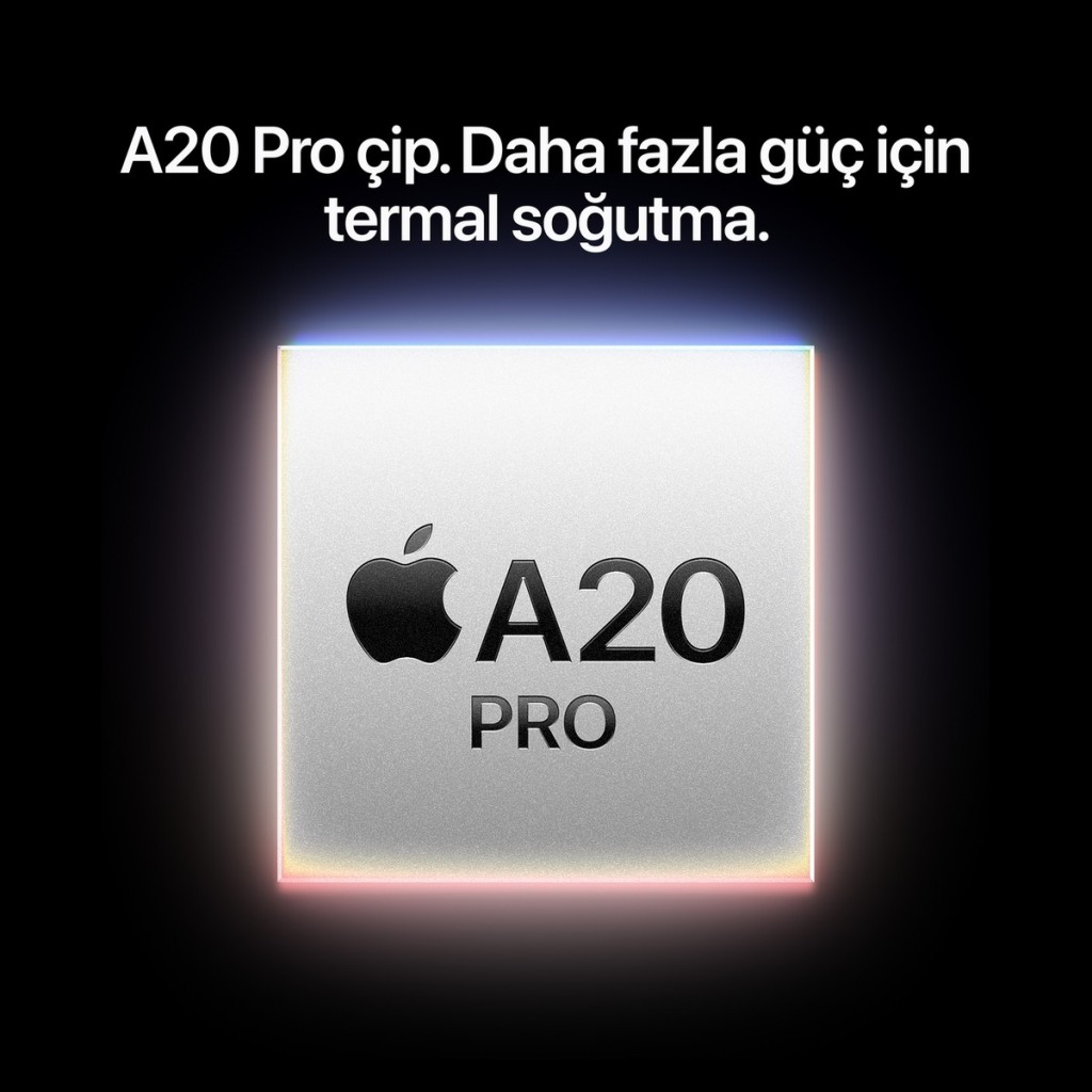 Siyah arka plan üzerinde Apple logolu A20 Pro çip grafiği.