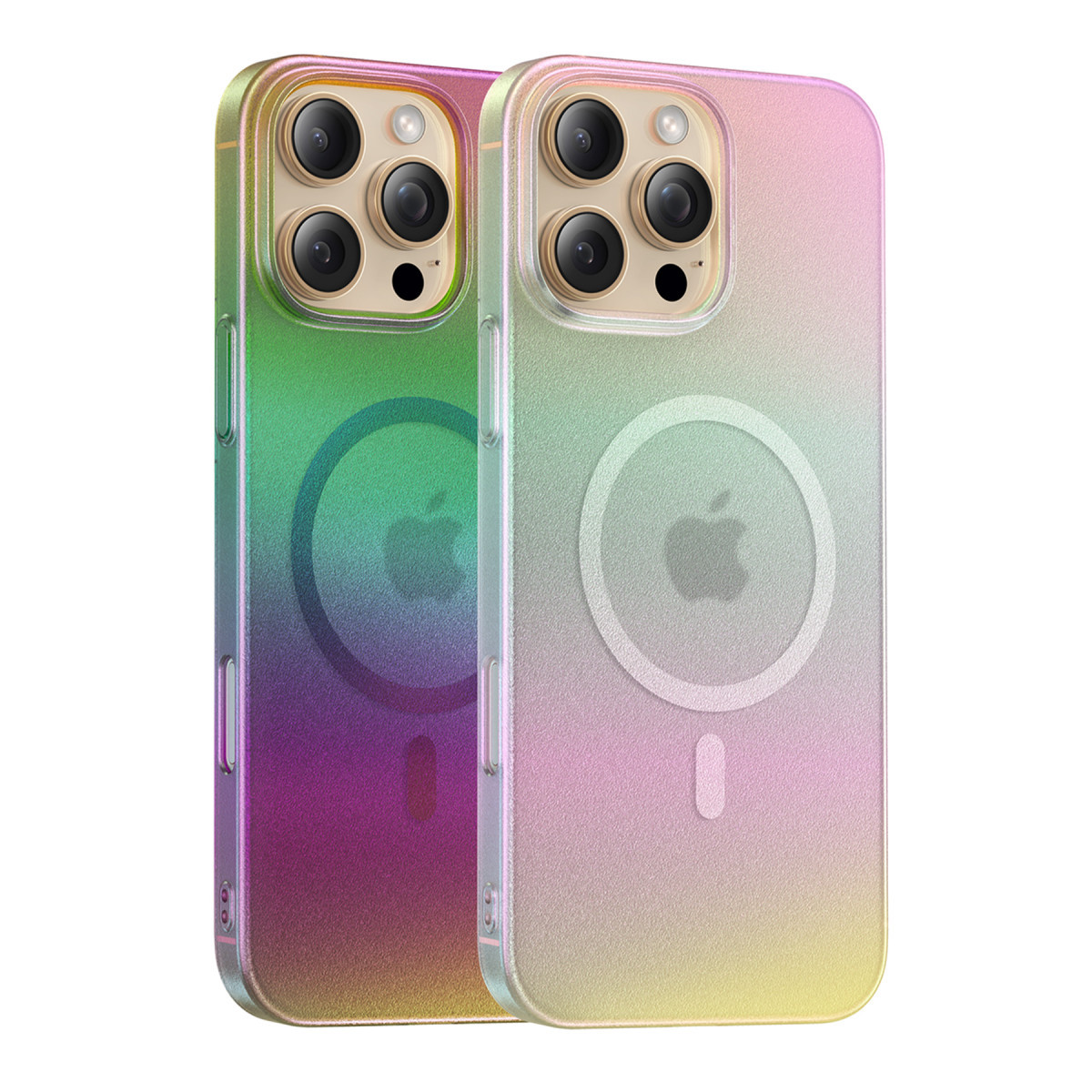 Beyaz arka planda yuvarlak kamera modüllerine ve MagSafe logosuna sahip, geçişli kılıflardaki iki iPhone.