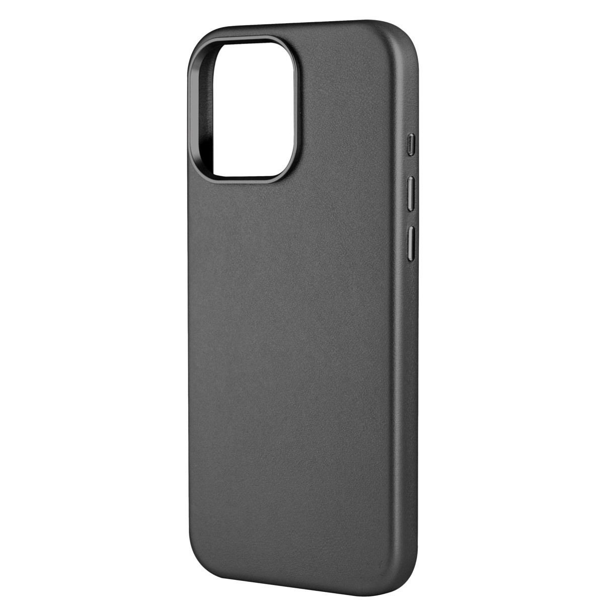 Beyaz arka planda kare kamera kesikli ve yan tuşları olan düz koyu gri akıllı telefon kılıfı.