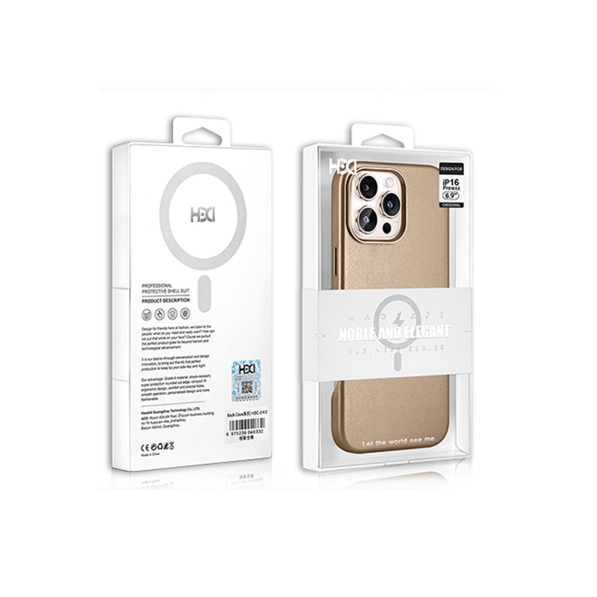 MagSafe logolu ve açıklamalı beyaz ambalaj içinde altın rengi telefon kılıfı.