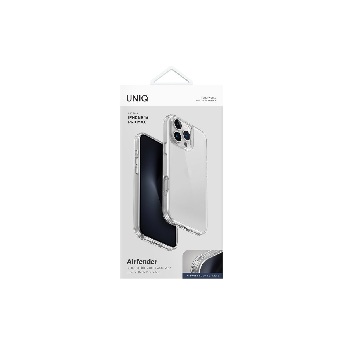iPhone 16 Pro Max için Uniq Airfender şeffaf telefon kılıfı ambalajı.