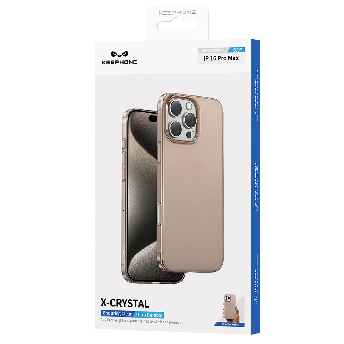 Beyaz arka planda şeffaf kılıfı ve telefonu gösteren KEEPHONE X-CRYSTAL telefon kılıfı ambalaj kutusu.
