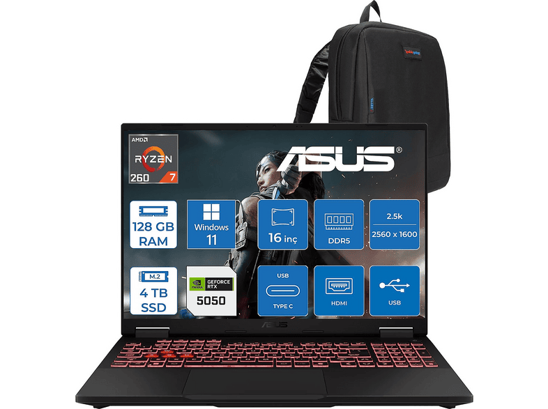 ASUS Tuf Gaming A16 8GB RTX5050 115W ZRV099WP55 AMD Ryzen 7 260 128 GB RAM 4 TB SSD 16 inç FreeDOS Laptop+Çanta Gri