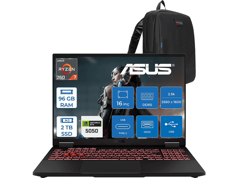 ASUS Tuf Gaming A16 8GB RTX5050 115W ZRV099WF45 AMD Ryzen 7 260 96 GB RAM 2 TB SSD 16 inç FreeDOS Laptop+Çanta Gri