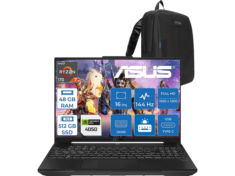 ASUS Tuf Gaming A16 FA607NUQ Gaming RTX4050 RL028F17 AMD Ryzen 7 170 48 GB RAM 512 GB SSD 16 inç FreeDOS Laptop+Çanta Gri