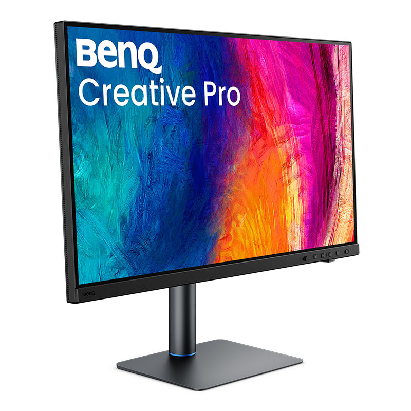 Un monitor BenQ Creative Pro con sfondo astratto colorato e supporto nero su sfondo bianco.