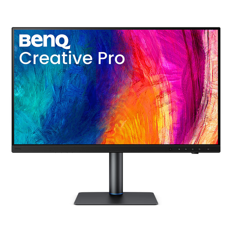 Un monitor BenQ Creative Pro mostra vibrante arte astratta blu, rossa e arancione su sfondo bianco.