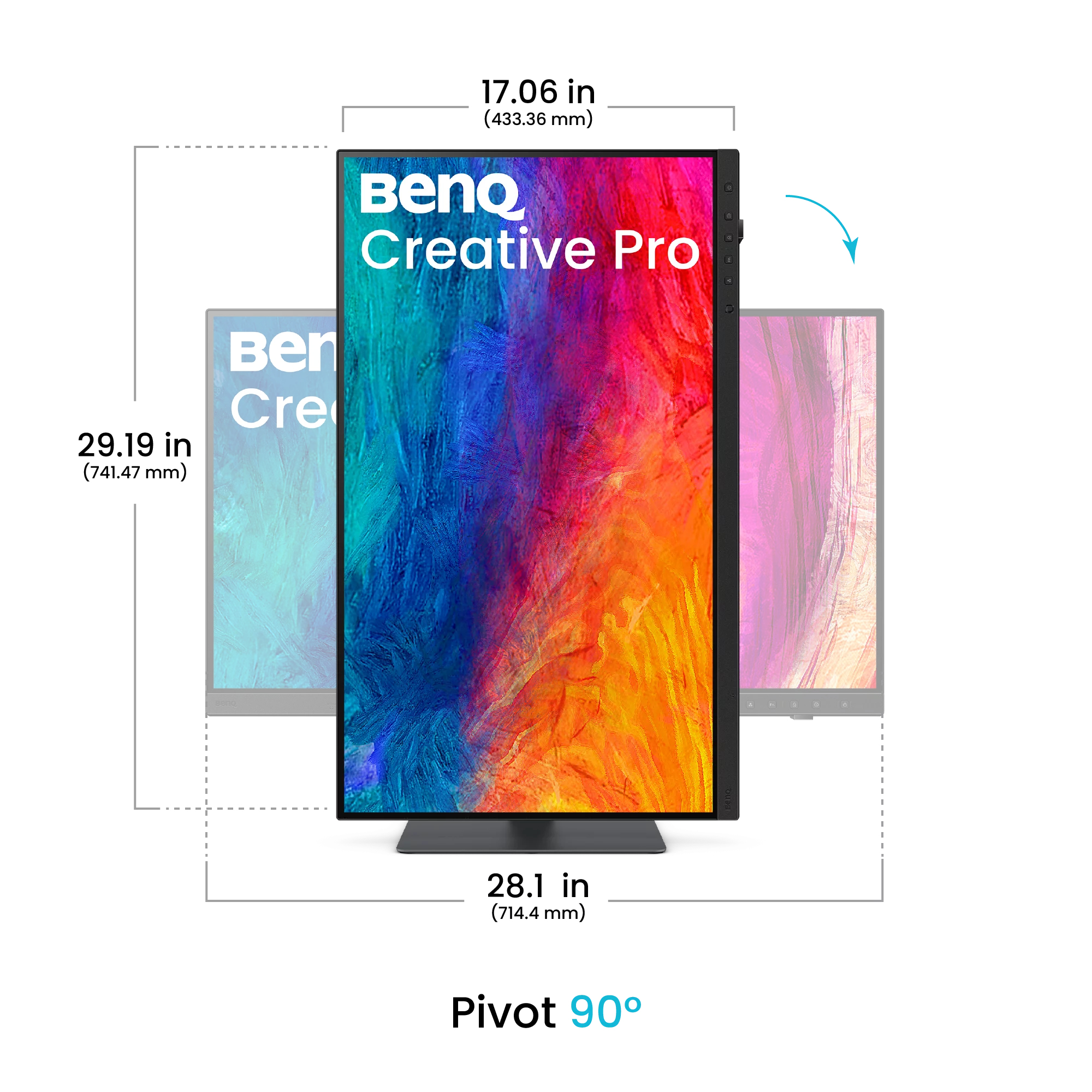 Monitor BenQ Creative Pro con funzione pivot a 90 gradi e dimensioni.