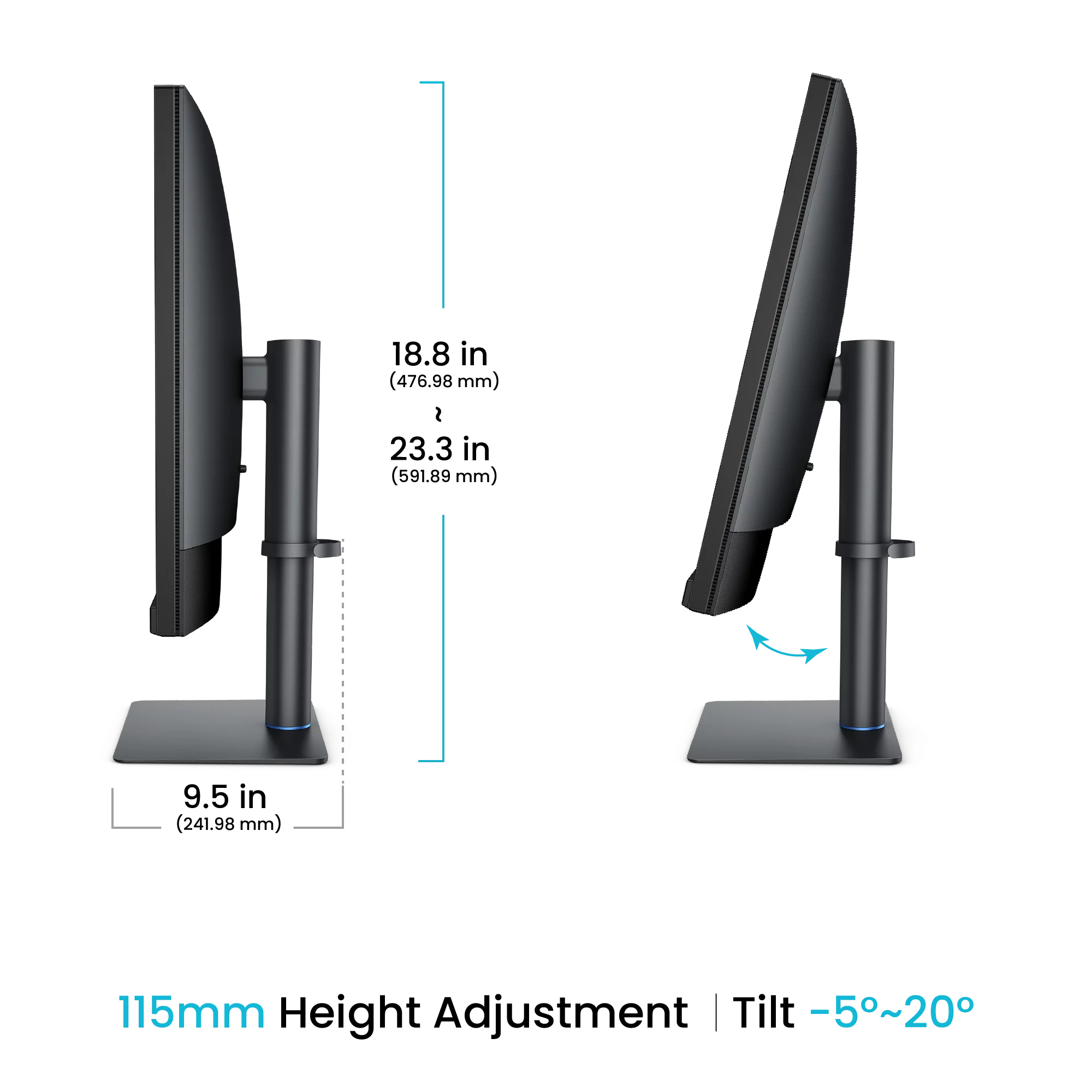 Diagramma delle regolazioni del monitor con altezza 115 mm e inclinazione da -5° a 20°.
