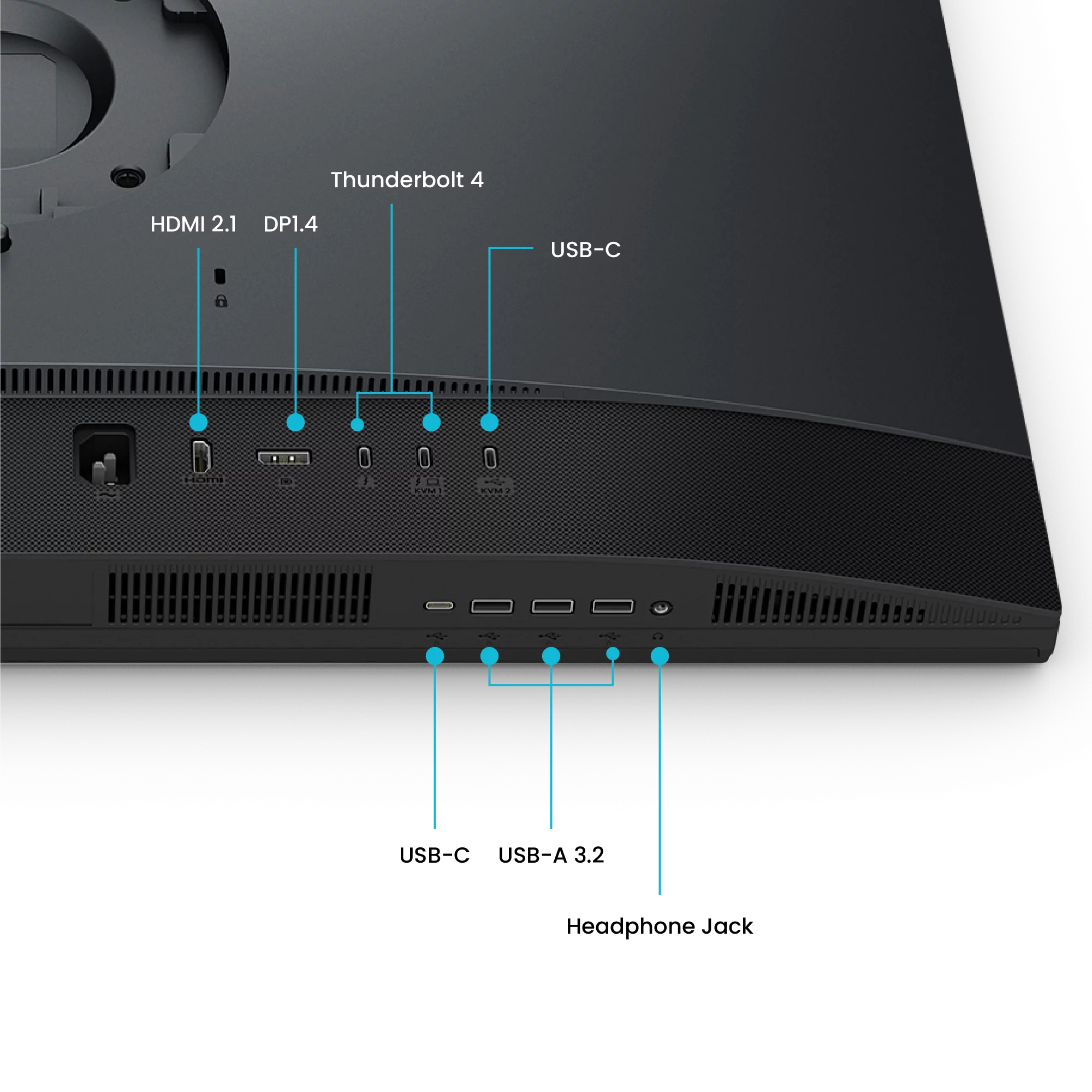 Il retro di un monitor nero mostra porte come HDMI 2.1, DP 1.4, Thunderbolt 4, USB-C, USB-A 3.2 e jack per cuffie.