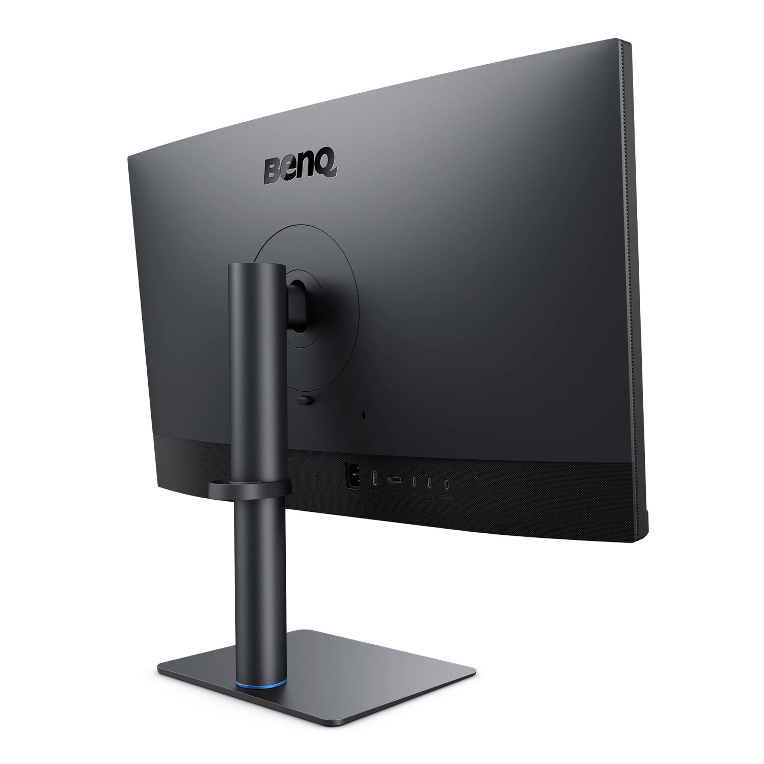 Vista posteriore di un monitor BenQ nero con supporto regolabile e porte visibili su sfondo bianco.