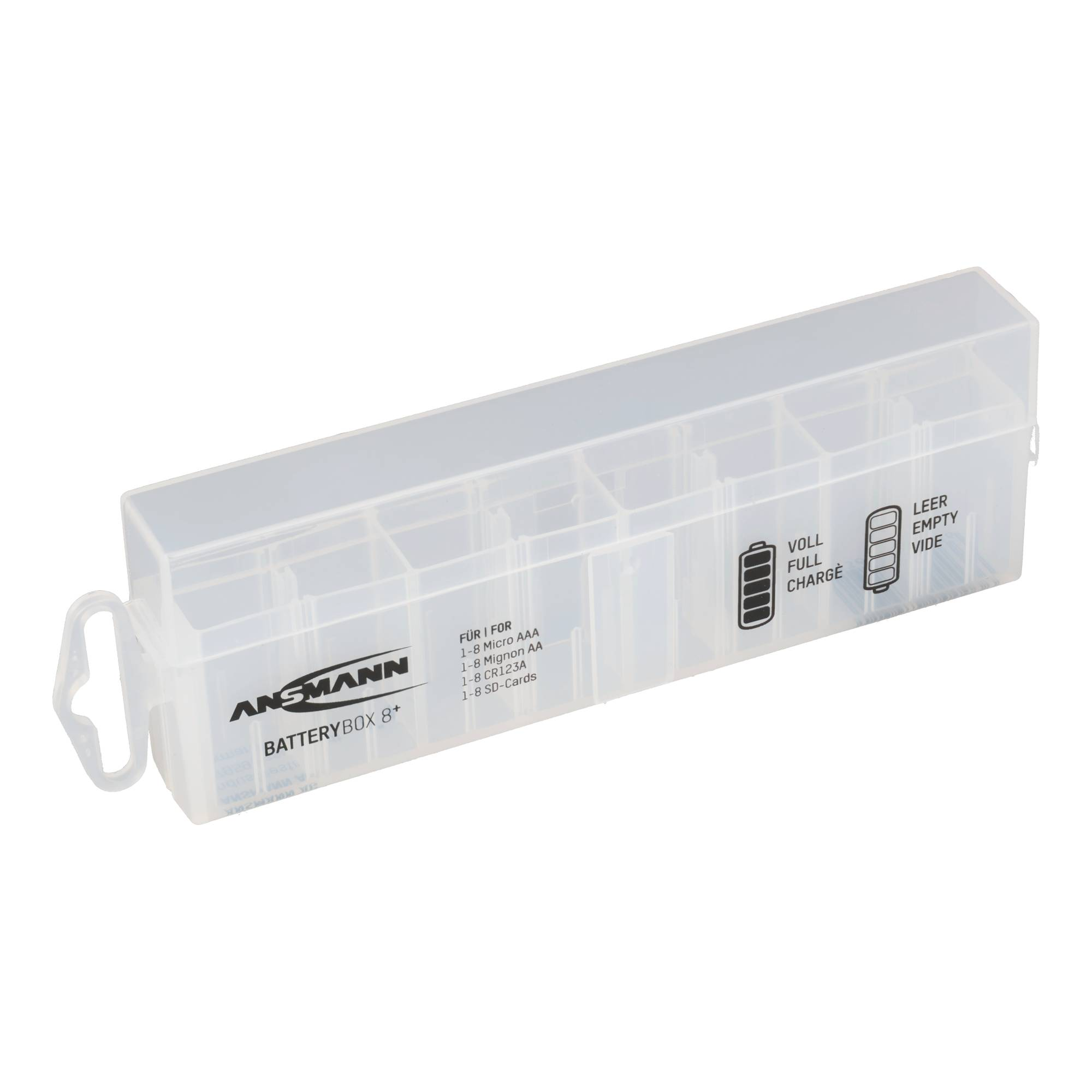 Scatola per batterie Anmann trasparente 8+ per vari tipi di batterie su sfondo bianco.