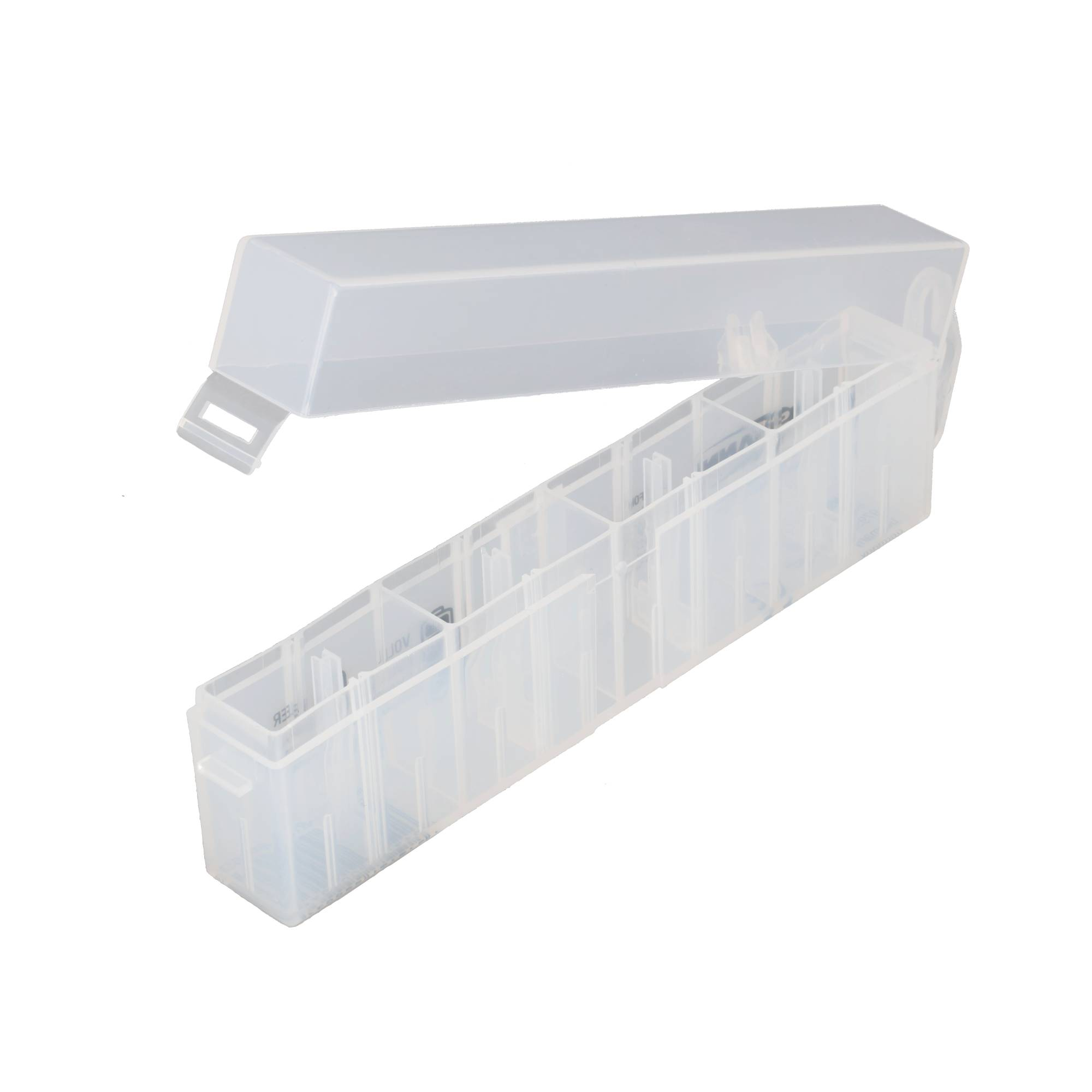 Una scatola di smistamento in plastica trasparente con coperchio aperto e scomparti.