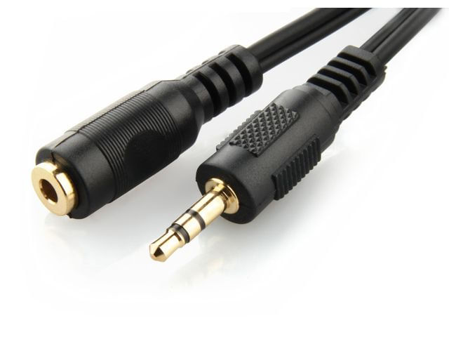 Un câble audio noir avec une prise jack 3,5 mm et une fiche sur fond blanc.