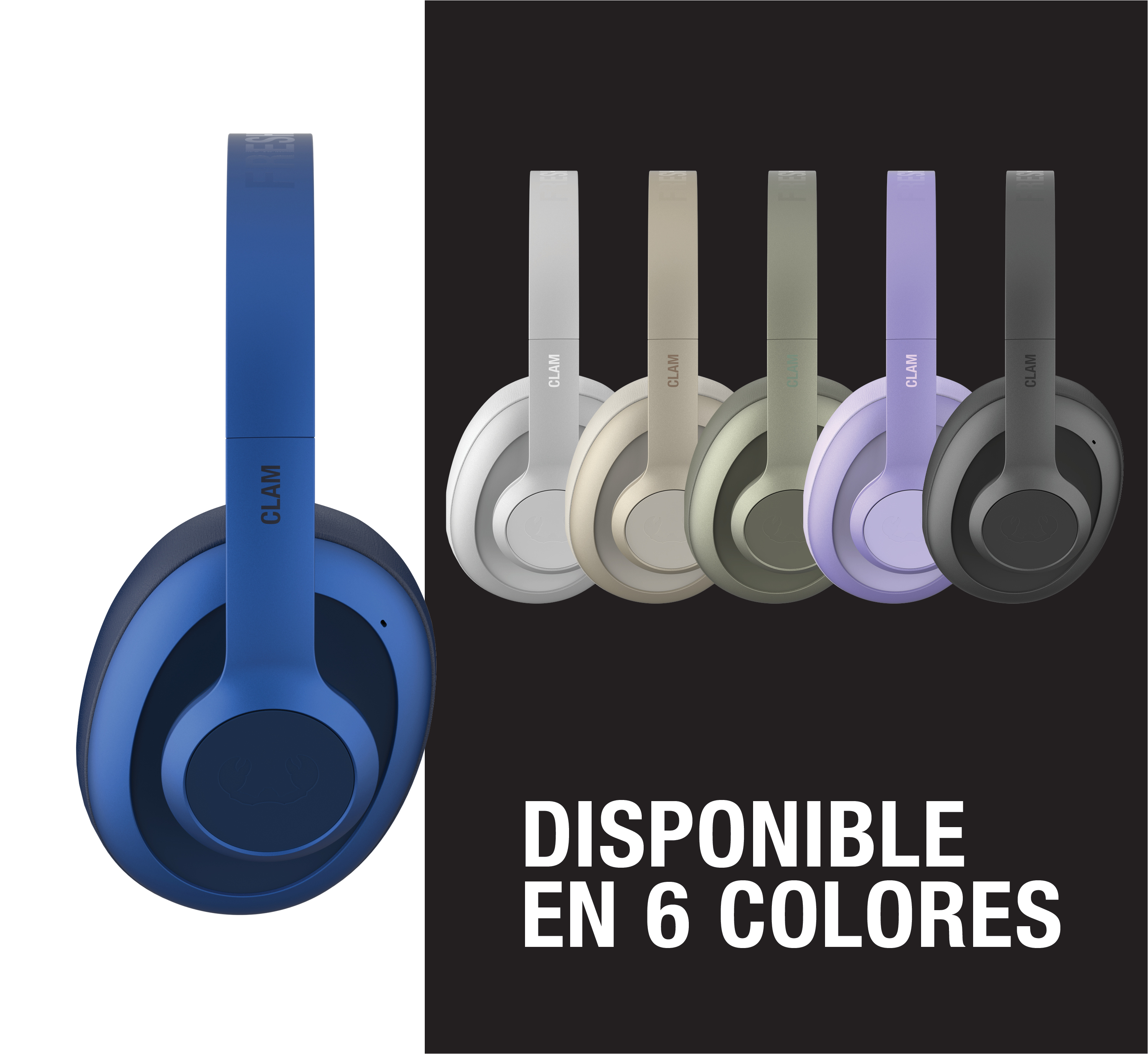 Seis auriculares coloridos mostrados sobre fondos blanco y negro con texto en español.