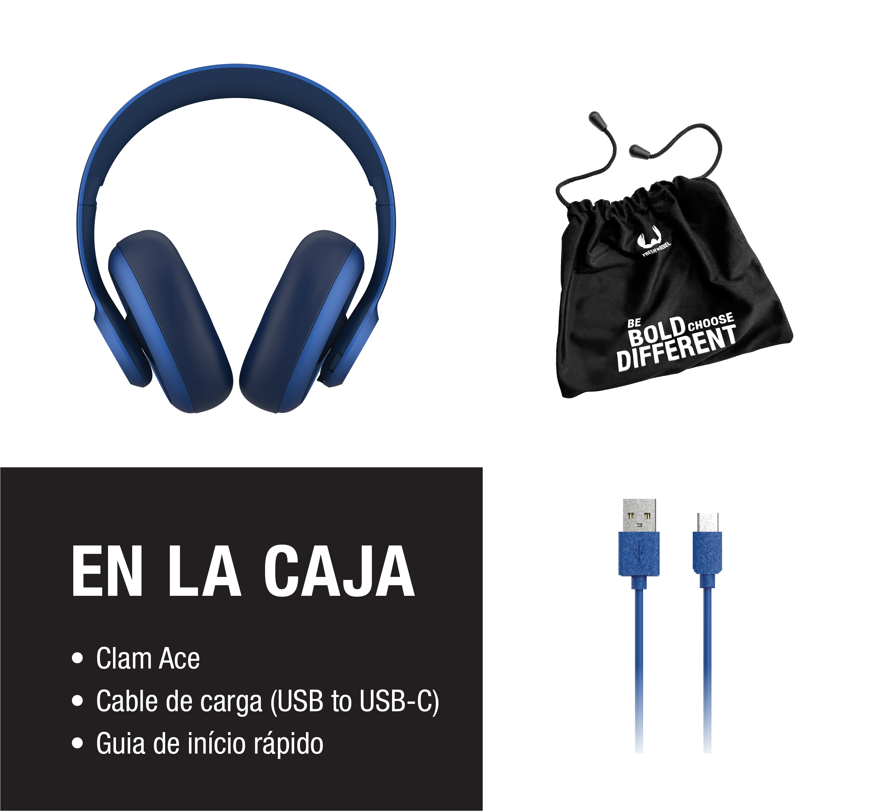 Auriculares azules, bolsa negra con texto, cable de carga y cuadro de texto con el contenido sobre fondo blanco.