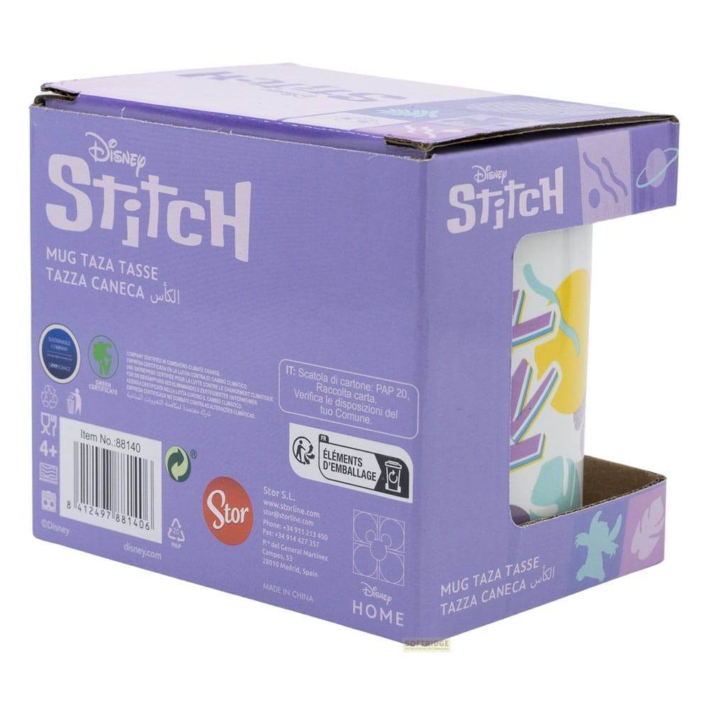 Lila Disney Stitch Tassenverpackung mit Barcode und sichtbarer weißer Tasse mit Muster.