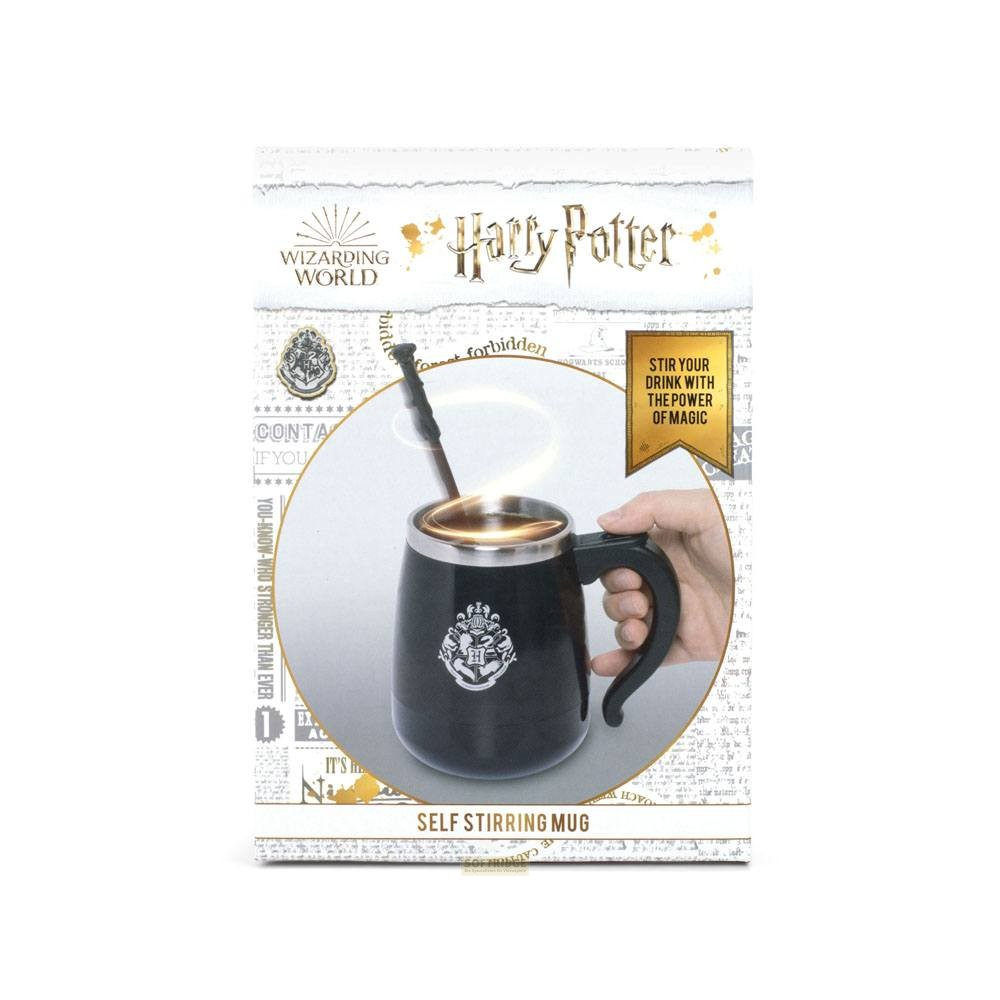 Taza automezedora de Harry Potter en caja con varita y escudo de Hogwarts.