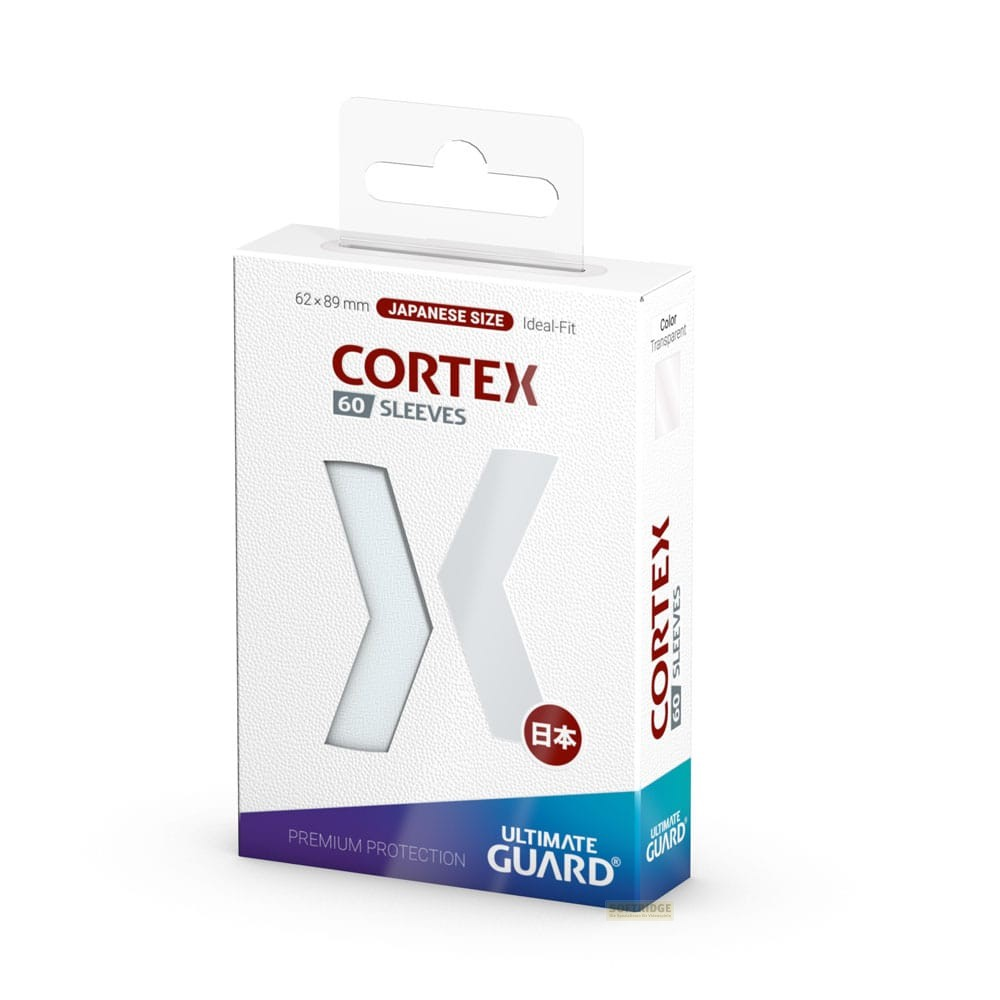 Une boîte blanche et bleue de 60 protège-cartes Cortex X de taille japonaise, avec la marque Ultimate Guard.