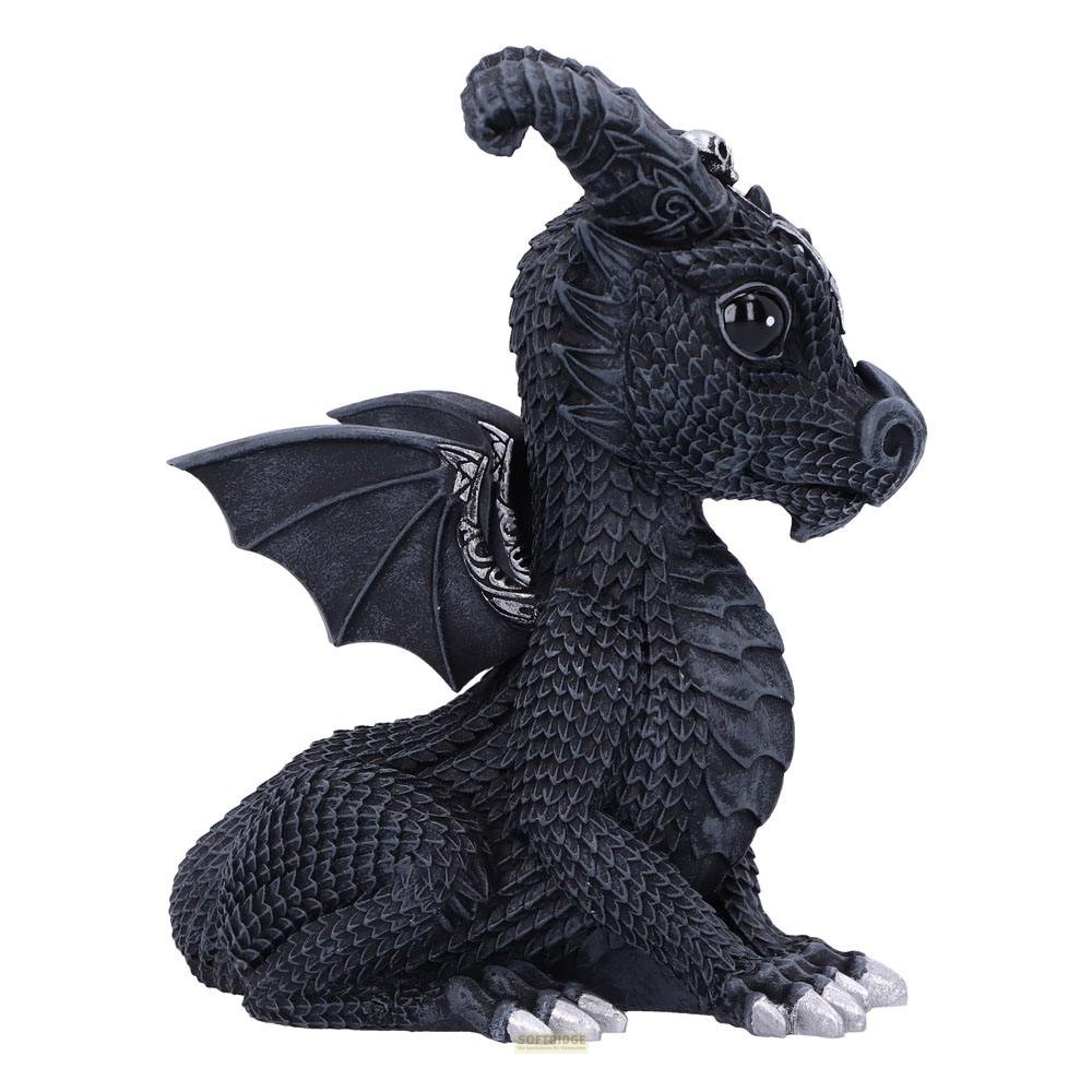 Una figura de dragón texturizada en negro con grandes ojos oscuros, cuernos hacia atrás y alas plegadas.