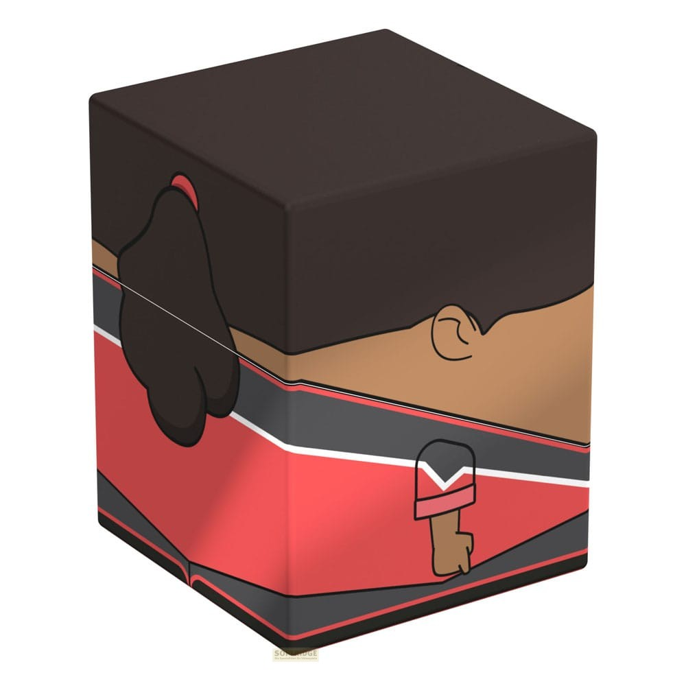 Une boîte carrée représente le dos d'un personnage avec des cheveux noirs, un élastique rouge et des vêtements rouges et noirs.