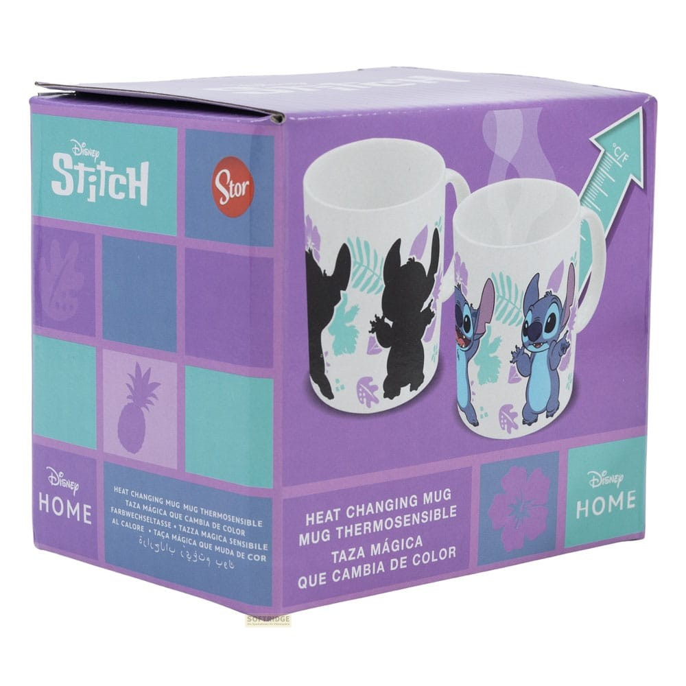 Caja morada de taza mágica de Disney Stitch con tazas con y sin gráficos de Stitch.