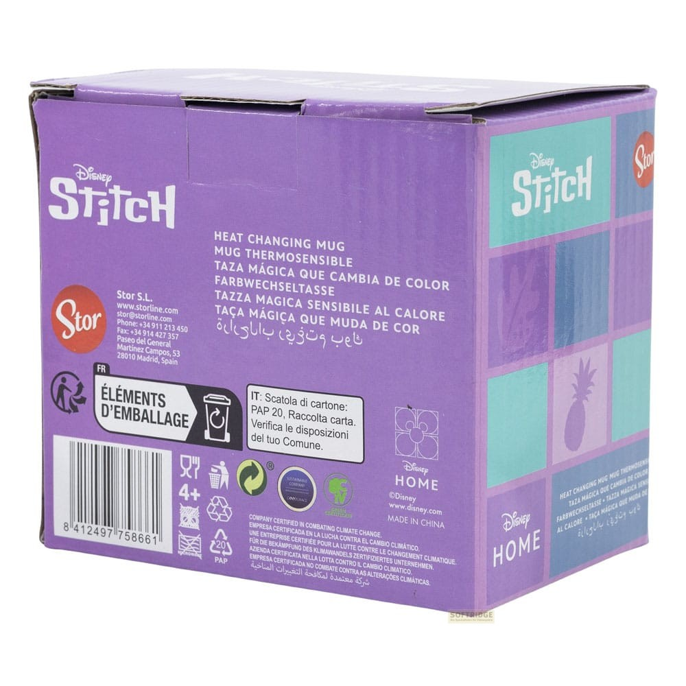 Caja de taza mágica de Disney Stitch en morado con información del producto, códigos de barras y textos.