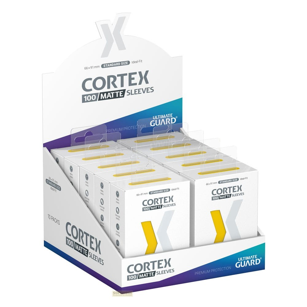 Boîte de présentation avec dix paquets de protège-cartes Ultimate Guard Cortex 100 Matte.